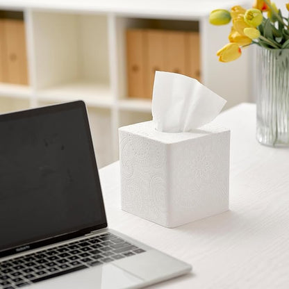 Square Tissue Box Cover Decorative,Napkin Dispenser,Facial Paper Holder for Bathroom Vanity Countertop,Bedroom Dresser,Night Stand, Desk, Office and End Table,Boho Flowers White