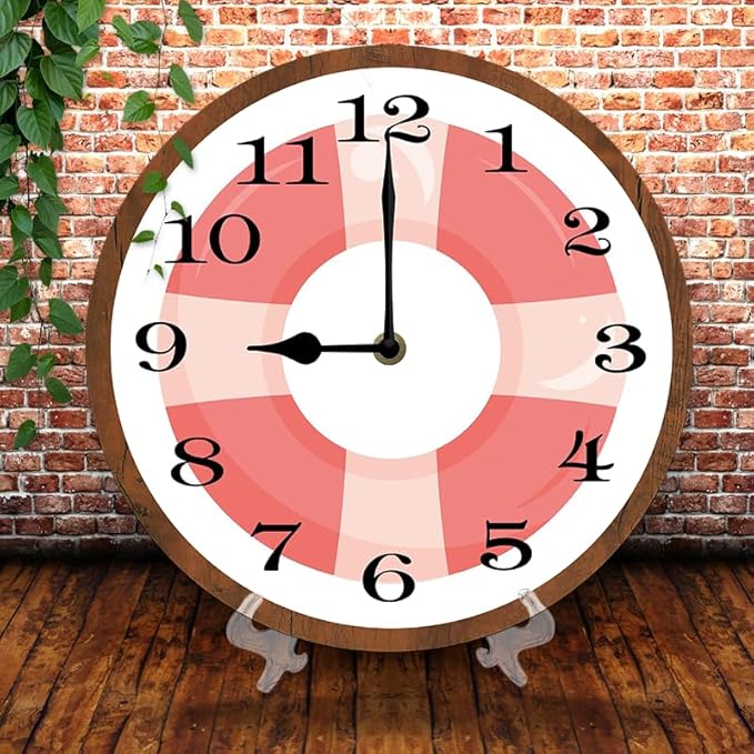 Pink Swimming Circle Wall Clock 10 Inch Wooden Battery Operated Autumn Forest Maple Leaves Wall Clocks Decorative Indoor,Decorative for Kitchen Bathroom Bedroom