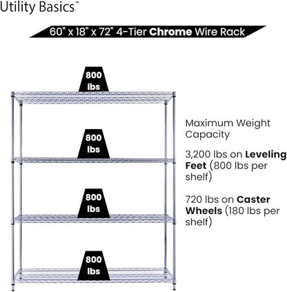 Utility Basics NSF Commercial 4-Tier Wire Shelving with Wheels, 60"x18"x72" Heavy Duty Metal Shelves 3200 lbs Max Capacity, Chrome Storage Rack for Garage Kitchen Pantry Warehouse