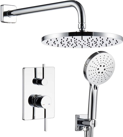Shower System Set Includes 10-Inch Rainfall Shower Head, 3-Setting Handheld Spray and Pressure Balance Valve, Polished Chrome Wall Mounted SF001CH-D10