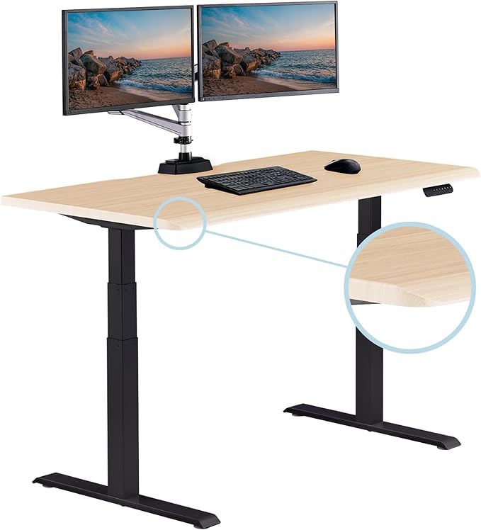 Vari ComfortEdge 60x30 Inch Adjustable Electric Standing Desk – Sit Stand VariDesk with Memory Presets, Sloped Edge, 200 LB Capacity + Tool-Free Assembly (Light Wood Top/Black Legs)