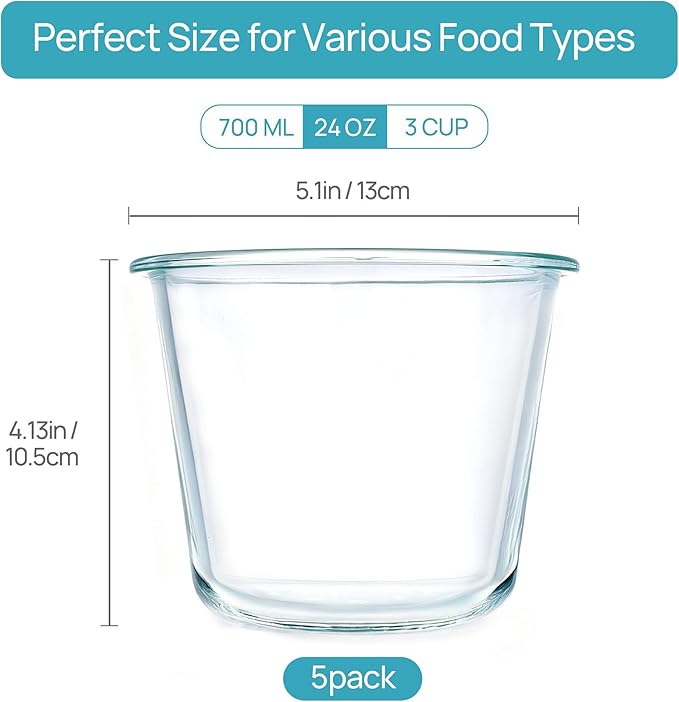 Vtopmart 5Pack 24oz Glass Storage Containers with Lids, Glass Meal Prep Food Container Sets with Snap Airtight Lid for Microwave, Oven, Freezer and Dishwasher, Green, Round