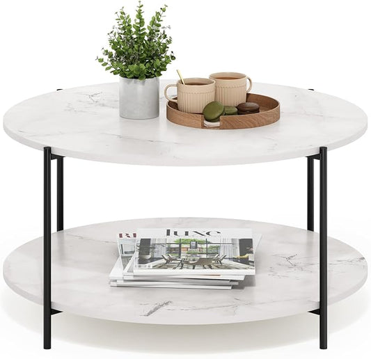 Furinno BESI Coffee Table, 2-Tier Round Modern Coffee Table with Metal Legs, Side Table with Open Shelf, for Living Room, Bedroom, Home Office, Marble White