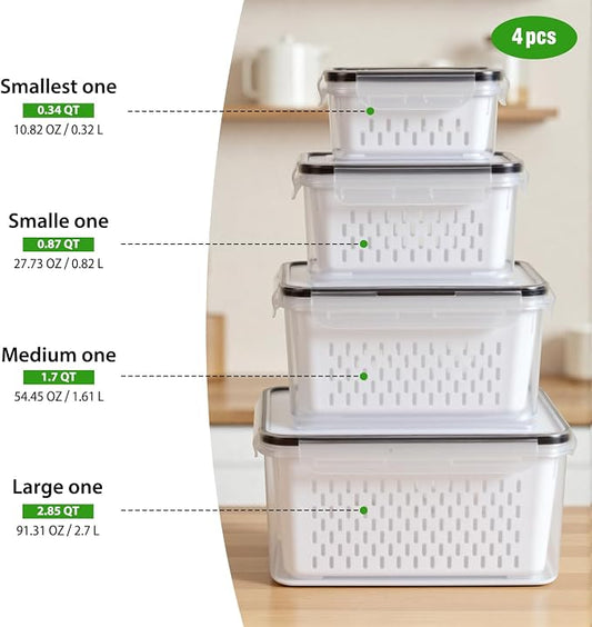 4 PCS Fruit Storage Containers for Fridge, Leakproof Produce Containers for Fridge with Removable Colander, Microwave/Dishwasher Safe Fruit Washing Bowl Keep Fruits, Vegetables, Berry Fresh longer