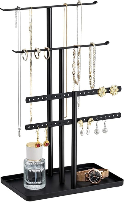 pickpiff Jewelry Stand Organizer, 12.5" Tall Sturdy Metal, 3-Tier Jewelry Holder for Necklace, Earring, Bracelet, Ring, Hanger for Display and Storage, Aesthetic Room Decor, Black