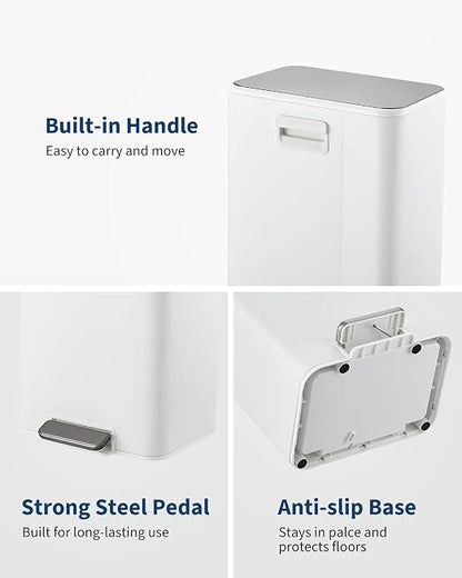 4 Gallon/15 Liter Trash Can, Stainless Steel Step Garbage Can with Quiet Soft-Close Lid, Foot Pedal & Removable Inner Bucket, Rectangular Trash Bin for for Living Room Home Office, White