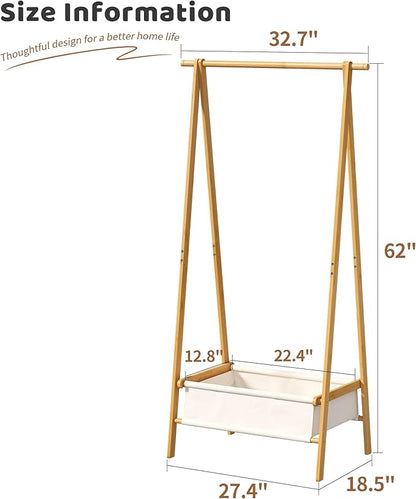 FILWH Bamboo Clothes Rack with Storage Box Foldable Garment Holder Coat Rack Freestanding Coat Stand Child Clothing Stand for Hanging Coat Dress up Racks (Natural, Large)