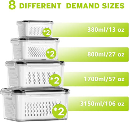 HOMETALL 8 Pack Fruit Storage Containers for Fridge, Produce Containers for Fridge with Colander, Leakproof Fridge Organizers and Storage for Berry Vegetable Salad Lettuce Meat Food