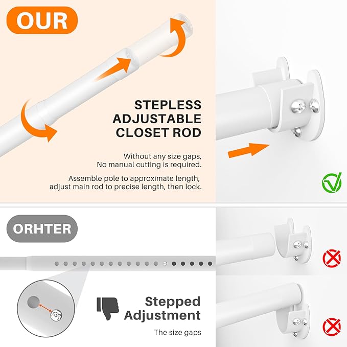 Closet Rod, Closet Rods for Hanging Clothes, 17 to 37 inch Adjustable Closet Hanging Rod, Heavy Duty Clothes Rod Clothing Bar, Closet Poles for Hanging Clothes for Wardrobes, Shower Curtain