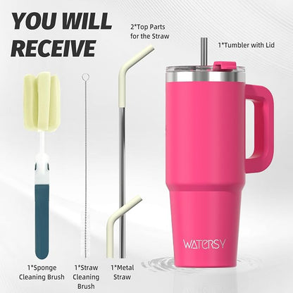 30 oz Tumbler with Handle,Tumbler with Lid and Straw,Double Wall Insulated Cup Stainless Steel Travel Mug(Cold for 34 Hours),Water Bottle for Iced Tea,Coffee,Cold Beverages(Gloss Pink)