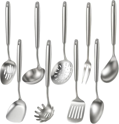 Newness 9 Pcs Cooking Utensils Set, 304 Stainless Steel Kitchen Utensils Set, Metal Kitchen Accessories, Include Soup Ladle, Slotted Skimmer Spoon, Spaghetti Spoon and Spatula, Dishwasher Safe (Short)