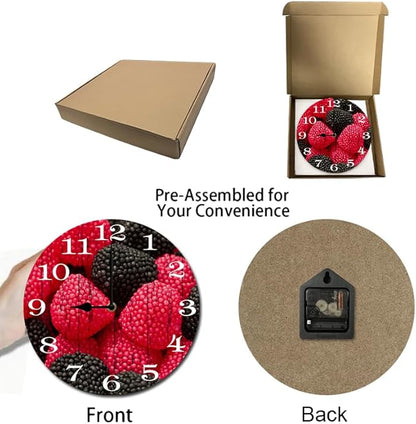 Mulberry Fruit Wall Clock 10 Inch Silent Non Ticking Battery Operated Wooden Modern Office Simple Minimalist Clock Decorative for Kitchen Home Bathroom Living Room