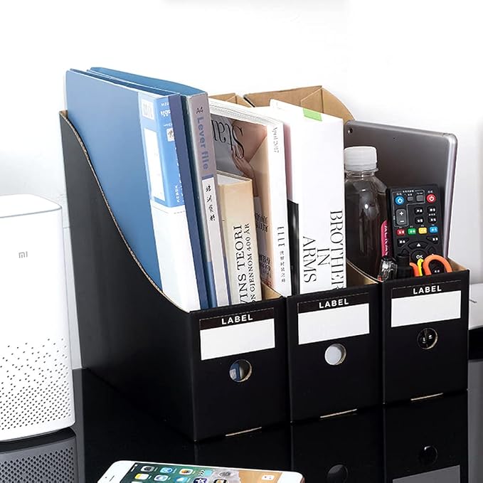 Foldable Desk File Holder Organizer Sturdy Cardboard Magazine Storage Box Document Rack with Blank Label Stickers for Home School Office (15, Matte Black)