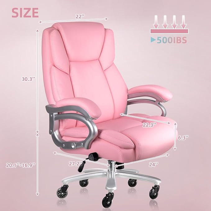 VITESSE 500lbs Heavy Duty Office Chair for Low Back Pain Relief, Big and Tall Office Chair with Ergonomic Lumbar Support, High Back Executive Chair with Quiet Rubber Wheel（Pink）