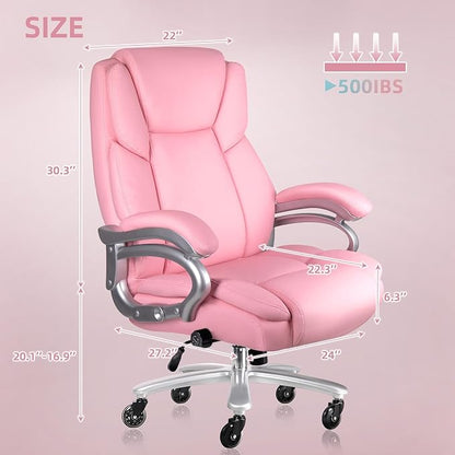 VITESSE 500lbs Heavy Duty Office Chair for Low Back Pain Relief, Big and Tall Office Chair with Ergonomic Lumbar Support, High Back Executive Chair with Quiet Rubber Wheel（Pink）