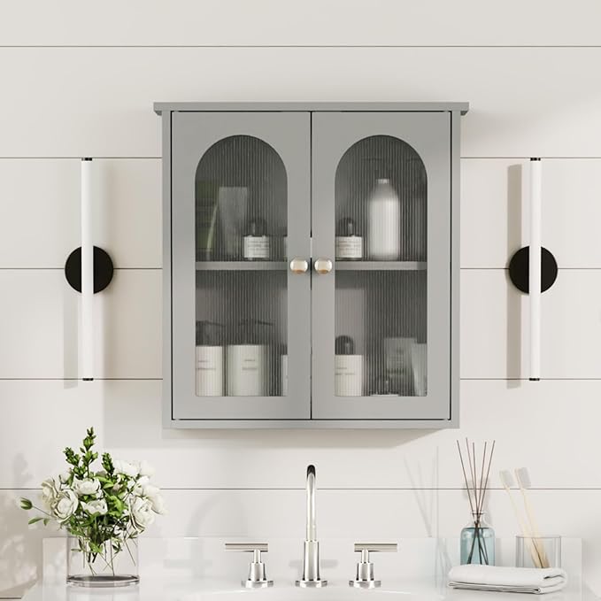 Bathroom Wall Cabinet,Medicine Cabinets Wall Mounted with Arched,Bathroom Medicine Cabinet Over Toilet,Surface Mount Medicine Cabinet for Laundry Room,Kitchen,Grey Storage Cabinet 22x23
