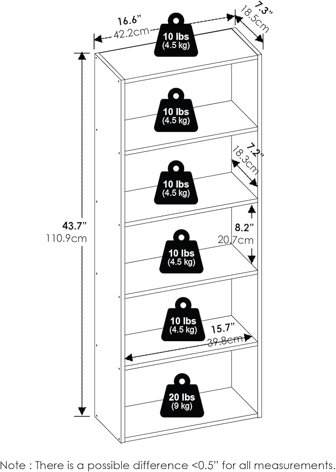 Furinno Basic Book Shelf, 5-Tier Bookshelf, Cube Storage Organizer Bookcase with Open Shelf, 7 x 17 x 44, for Living Room, Bedroom, Home Office, Espresso