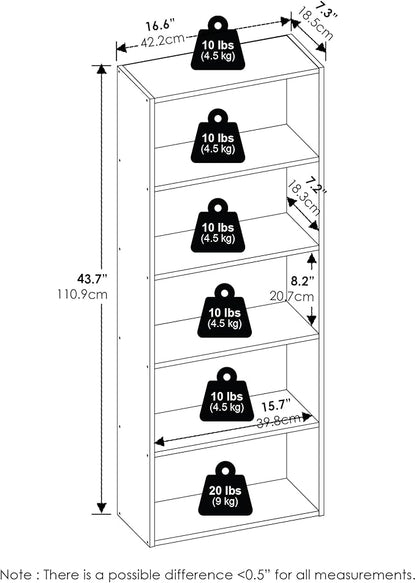 Furinno Basic Book Shelf, 5-Tier Bookshelf, Cube Storage Organizer Bookcase with Open Shelf, 7 x 17 x 44, for Living Room, Bedroom, Home Office, White
