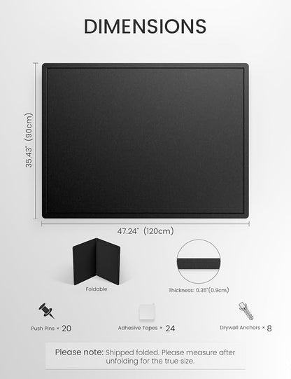 Fluxynara Large Bulletin Board, 47.2" x 35.4" Cork Board Alternative with 24 Safe Removable Adhesive Tabs, Foldable Felt Pin Board for Home Office, Classroom, Bedroom,Entryway for Walls— Black