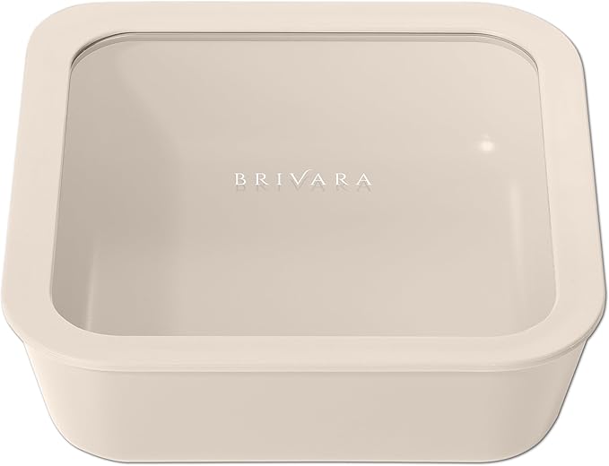 BRIVARA HOME Ceramic Coated Glass Food Storage Container | No PTFE, PFOA, PFAS, and BPA | Reusable Non Toxic Meal Prep Container with Glass Lid | Easy To Store | 8 Cup Square [Crema]