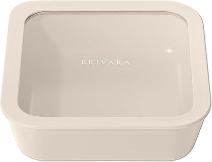 BRIVARA HOME Ceramic Coated Glass Food Storage Container | No PTFE, PFOA, PFAS, and BPA | Reusable Non Toxic Meal Prep Container with Glass Lid | Easy To Store | 8 Cup Square [Crema]