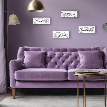 DONFENTHY 4 Pcs Butterfly Wall Decor Purple Room Decor Wooden Positive Butterfly Inspirational Word Sign for Teen Girls Women Bathroom Bedroom Office(Purple,10x4 Inch)
