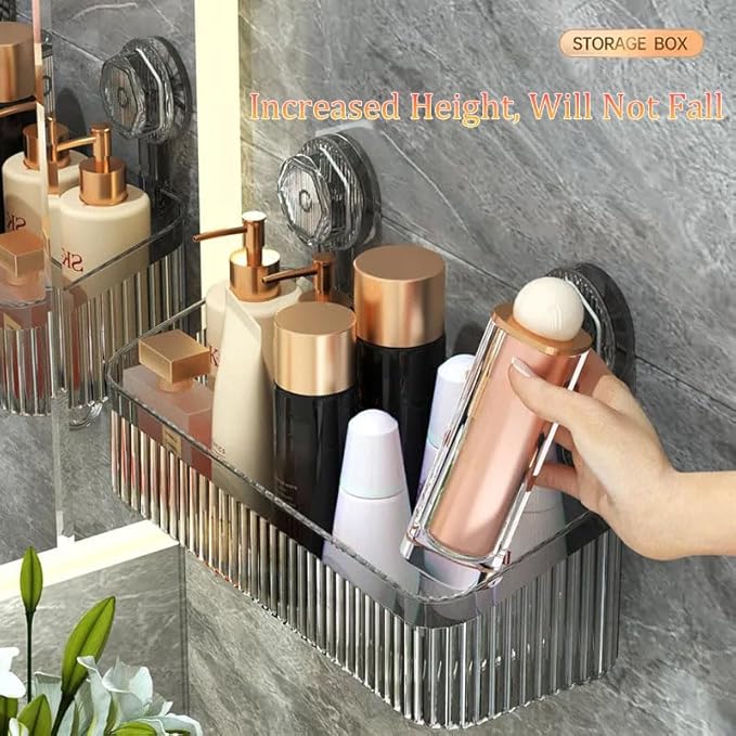 No-Drill Bathroom Storage Suction Cup Storage Box, Removable, Freely Adjustable Vacuum Suction Cup Storage Box, Large Capacity & Strong Load-Bearing, Hanging Shower Organizer (Transparent Gray)