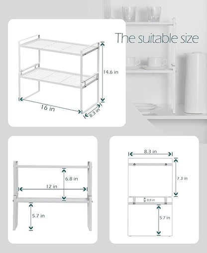 Shantton 2Pack Cabinet Shelf Organizer Storage Rack Space Saving for Kitchen Counter Pantry Bathroom Cupboard Under Sink Office Table Desk Steel Stackable Rust Resistant Heavy Duty Nonslip 16” White