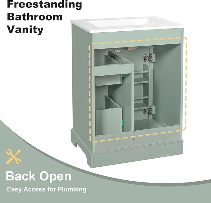 24'' Bathroom Vanity with Sink, MDF & Pinewood Construction, 3 Drawers & Cabinet with 2-Tier Door Storage Rack, Soft-Close Door & Drawers, Modern Design for Small to Medium Bathrooms, Green