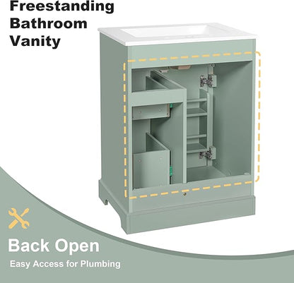 24'' Bathroom Vanity with Sink, MDF & Pinewood Construction, 3 Drawers & Cabinet with 2-Tier Door Storage Rack, Soft-Close Door & Drawers, Modern Design for Small to Medium Bathrooms, Green
