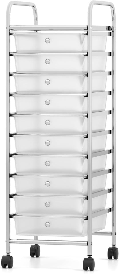 RELAX4LIFE 10-Drawer Rolling Storage Cart, Utility Cart with Metal Frame, Lockable Wheels & Removable Drawers, Multipurpose Art Craft Organizer for Home Office Classroom (Clear)