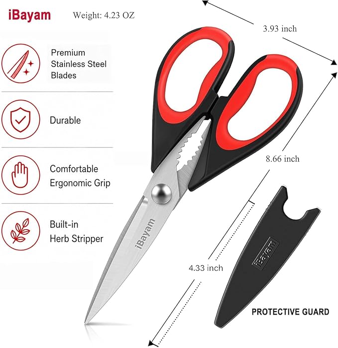 iBayam Kitchen Scissors All Purpose Heavy Duty 2 Pack with Protective Sheath, Stainless Steel Shears Kitchen Utensils Set for Cutting Food Cooking Meat Poultry Dishwasher Safe Soft Comfort-Grip