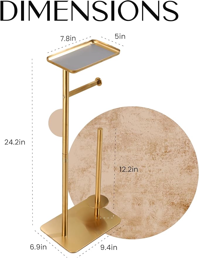 Day Moon™ Gold Toilet Paper Holder Free Standing Toilet Paper Holder with Storage - Toilet Paper Stand and Tissue Holder for Bathroom - Toilet Paper Holder with Shelf and Wipe Holder