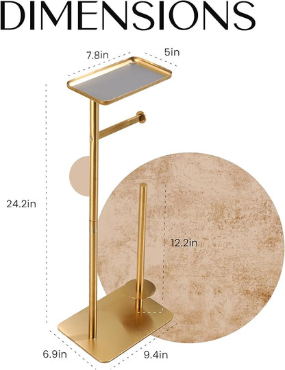 Day Moon™ Gold Toilet Paper Holder Free Standing Toilet Paper Holder with Storage - Toilet Paper Stand and Tissue Holder for Bathroom - Toilet Paper Holder with Shelf and Wipe Holder