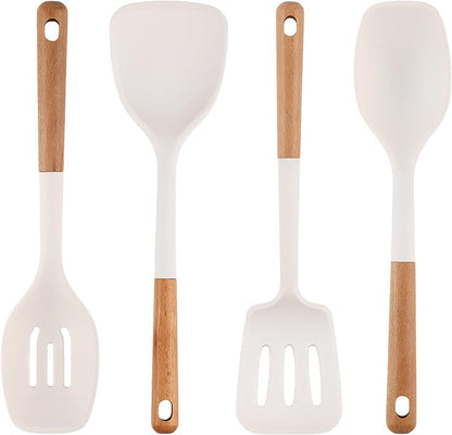IOCBYHZ Silicone Kitchen Utensils Set of 4, Large Non-Stick Cooking Utensil Set w Wooden Handle Food Grade Heat Resistance Turner Spoon Silicone Cooking Kitchen Gadgets BPA Free for Nonstick Cookware