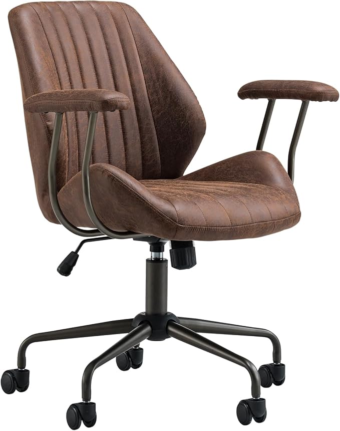 ovios Home Office Chair, Mid-Century Modern Faux Suede Leather Ergonomic Chairs, Mid Back Comfy Computer Swivel Rolling Task Executive Armchair, Dark Brown