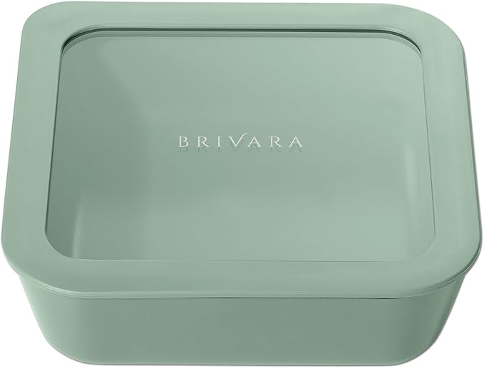 BRIVARA HOME Ceramic Coated Glass Food Storage Container | No PTFE, PFOA, PFAS, and BPA | Reusable Non Toxic Meal Prep Container with Glass Lid | Easy To Store | 5 Cup Square [Willow]