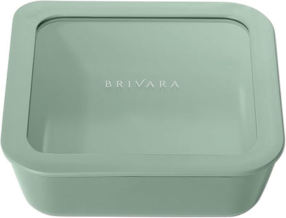 BRIVARA HOME Ceramic Coated Glass Food Storage Container | No PTFE, PFOA, PFAS, and BPA | Reusable Non Toxic Meal Prep Container with Glass Lid | Easy To Store | 5 Cup Square [Willow]