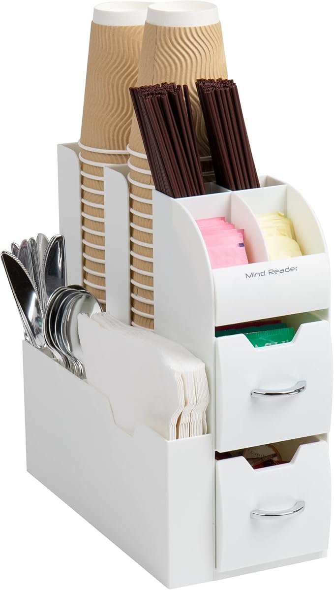 Mind Reader Cup and Condiment Station, Countertop Organizer, Coffee Bar, Kitchen, Stirrers, 5.375"L x 12"W x 11.25"H, White