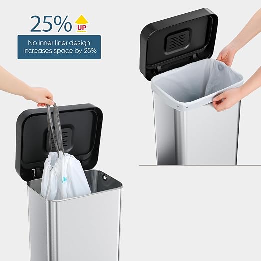 Arlopu 50L/13.2Gal Stainless Steel Trash Can W/15 Inner Bags & Rear Trash Bag Storage Compartment, Kitchen Step Trash Can with Lid & Built-in Deodorizer Box, Garbage Bin W/Foot Pedal (Sliver)