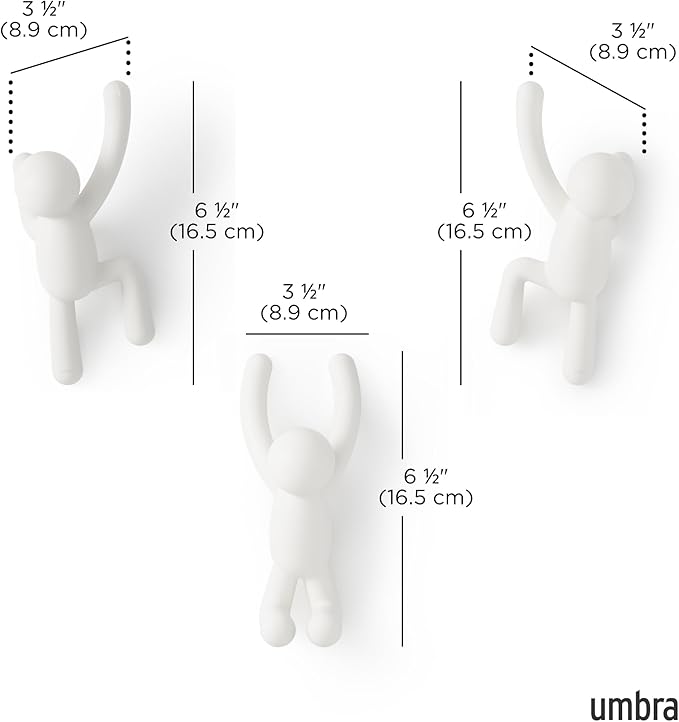 Umbra Buddy Wall Hooks – Decorative Wall Mounted Coat Hooks for Hanging Coats, Scarves, Bags, Purses, Backpacks, Towels and More, Set of 3, White