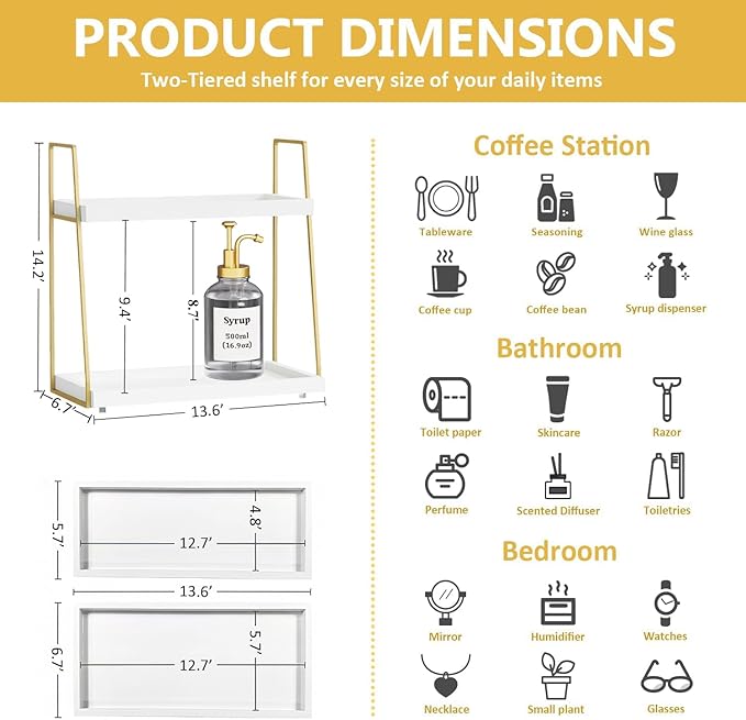Coffee Bar Organizer for Countertop, Multifunctional Coffee Station Organizer for Accessories Storage, 2 Tier Wooden Shelf for Coffeebar, Countertop, Corner