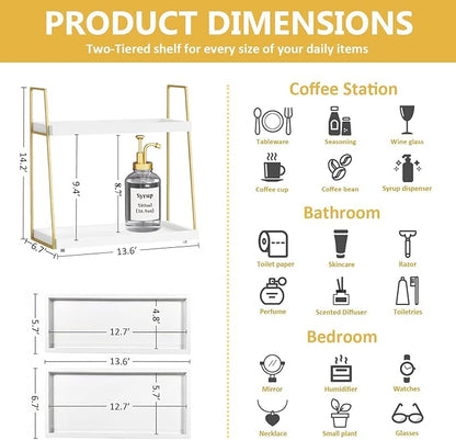 Coffee Bar Organizer for Countertop, Multifunctional Coffee Station Organizer for Accessories Storage, 2 Tier Wooden Shelf for Coffeebar, Countertop, Corner