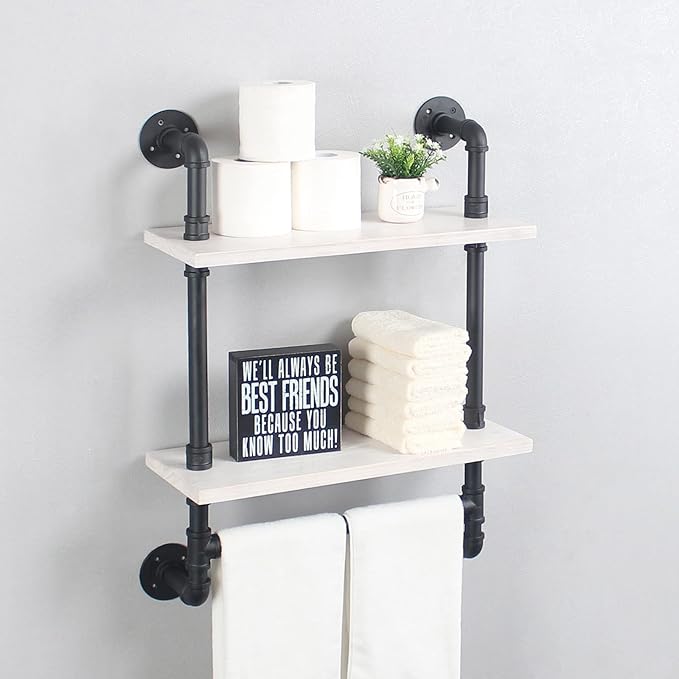 Bathroom Shelves,19.6in Rustic Wood Shelf with Towel Bar,2 Tier Farmhouse Towel Rack Over Toilet,Pipe Shelving Floating Shelves Towel Holder,Black & White