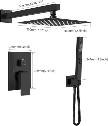 Shower Faucet Set Rainfall Shower System with Square Showerhead and Handle Set Fixture with 2 in 1 Function Handheld Sprayer Wall Mounted Trim Repair Kit Rough-in Valve 8 Inch Matte Black