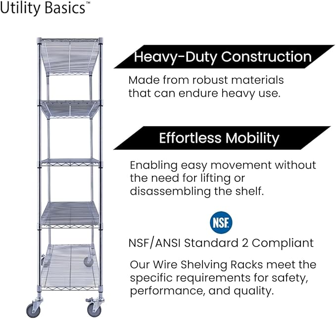 Utility Basics NSF Commercial 4-Tier Wire Shelving with Wheels, 48"x24"x72" Heavy Duty Metal Shelves 3200 lbs Max Capacity, Chrome Storage Rack for Garage Kitchen Pantry Warehouse
