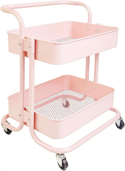 2 Tier Short Rolling Cart with Wheels All-Metal Pink Pantry Storage for Kitchen,Under Desk Trolley with Handle Small Wheeled Storage Cart for Laundry Room Bathroom, Under Table Small Space