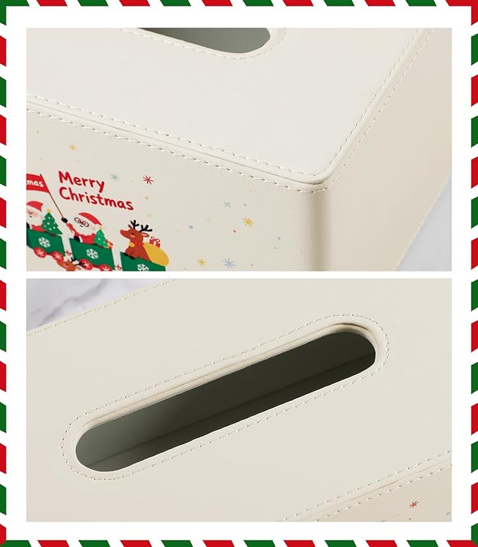 Square Christmas-Themed Tissue Box Cover with A Magnetic Bottom,A Stylish Leather-Decorated Tissue Holder for Living Rooms, Bedrooms, and Office Desks (White Rectangle)