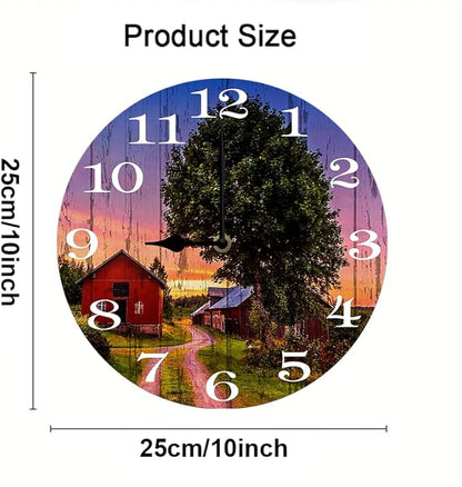 Rural Scenery Wall Clock 10 Inch Silent Non Ticking Battery Operated Wooden Modern Office Simple Minimalist Clock Decorative for Kitchen Home Bathroom Living Room