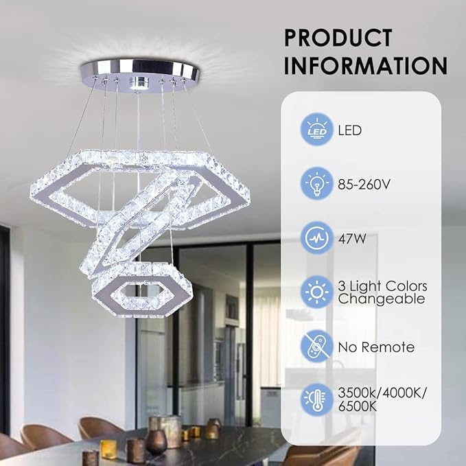 LED Chandeliers Dimmable Crystal Chandelier 3 Rings Modern Pendant Light Adjustable Stainless Steel Ceiling Light Fixture for Dining Room Bedroom Living Room